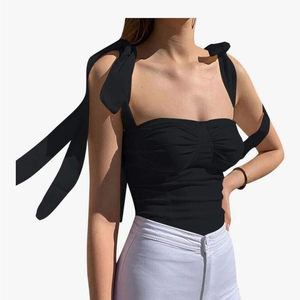 NWOT Elegant Black Tie-Shoulder Top
